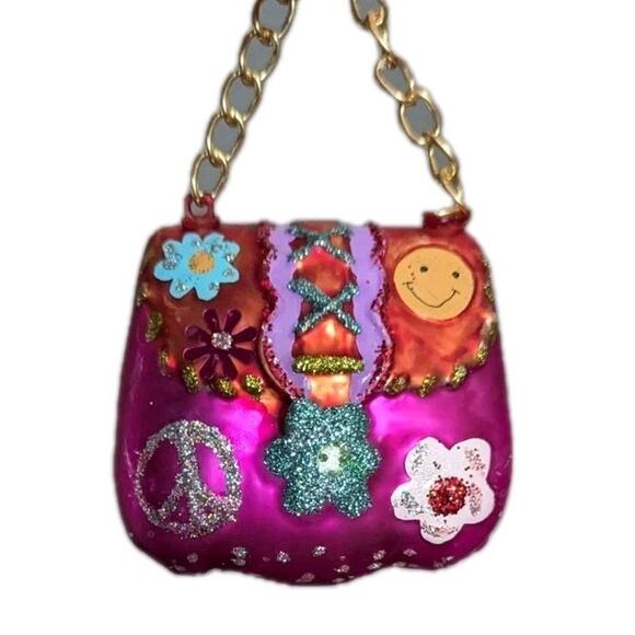 Groovy Handbag Glass Ornament Pink Peace Flower Power Purse 60s Retro Glitter - Picture 7 of 7